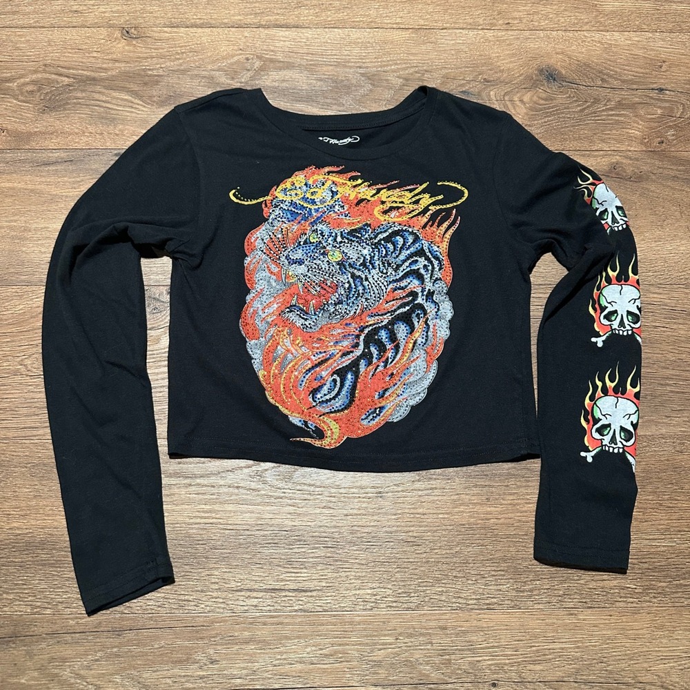 Y2K Ed‎ Hardy Black Rhinestone Tiger Skull Graphic Crop Top Womens Size M